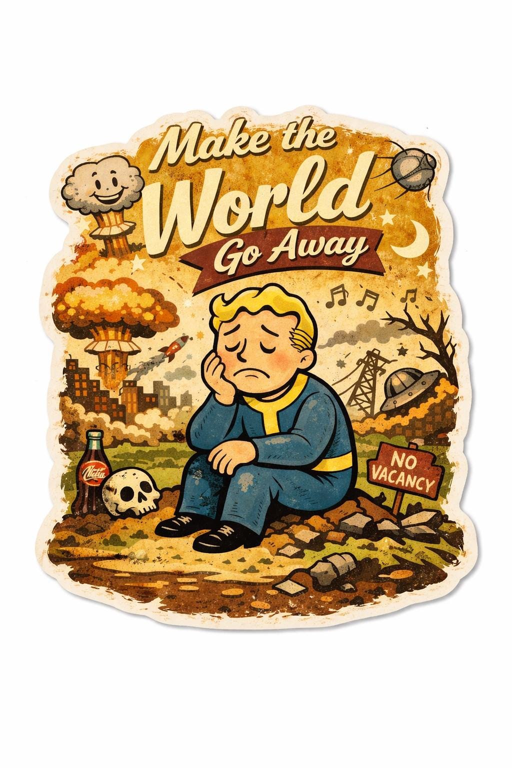 Retro 50s Fallout Style Sticker | “Make the World Go Away” | Post Apocalyptic Cartoon Vinyl Sticker