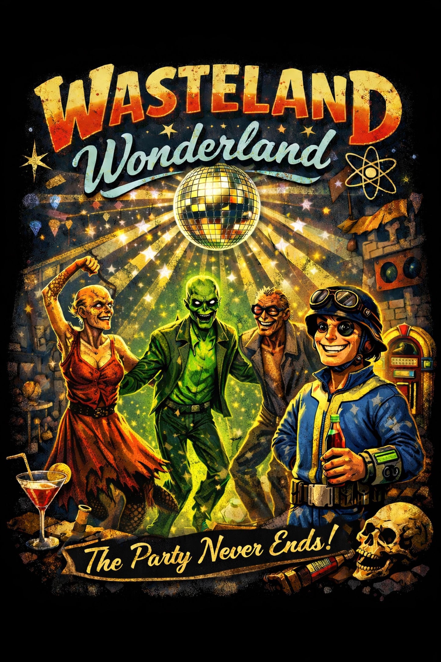 Wasteland Wonderland T-Shirt | Retro Apocalypse Party Shirt | Back Print Graphic Tee | Fallout-Inspired Streetwear