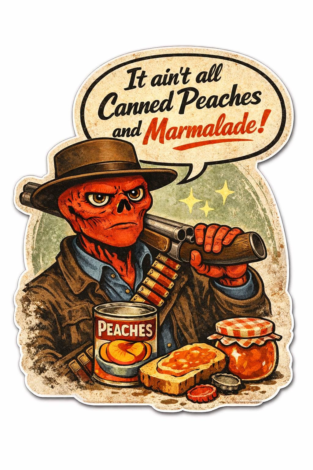 Retro Ghoul Cowboy T-Shirt – Post-Apocalyptic Western Graphic Tee – “It Ain’t All Canned Peaches and Marmalade”