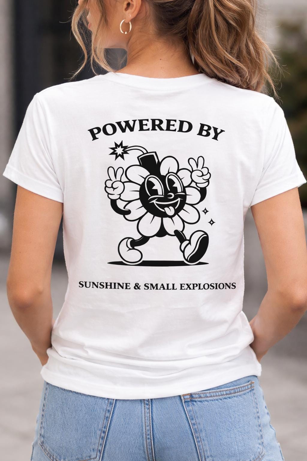 Powered by Sunshine & Small Explosions T-Shirt | Retro Atomic Flower Graphic Tee | Fallout Style Back Print Shirt