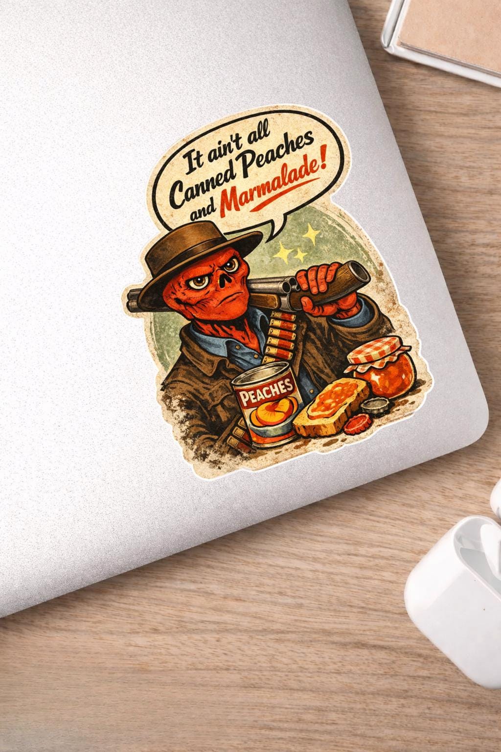 Retro Ghoul Cowboy Sticker – Post-Apocalyptic Western Vinyl Laptop Sticker – “It Ain’t All Canned Peaches and Marmalade”