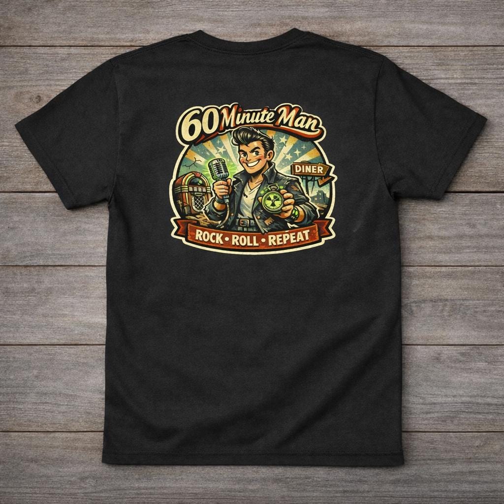 60 Minute Man Retro Rock and Roll Shirt | Vintage 50s Cartoon Music Design | Rock Roll Repeat Graphic Tee