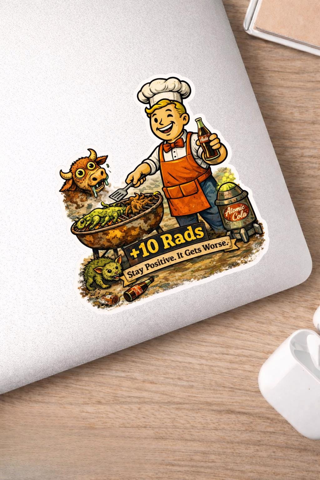 Funny Post Apocalyptic Sticker | Retro Nuclear BBQ Vinyl Sticker | Dark Humor Gamer Sticker | Laptop Sticker | +10 Rads Decal