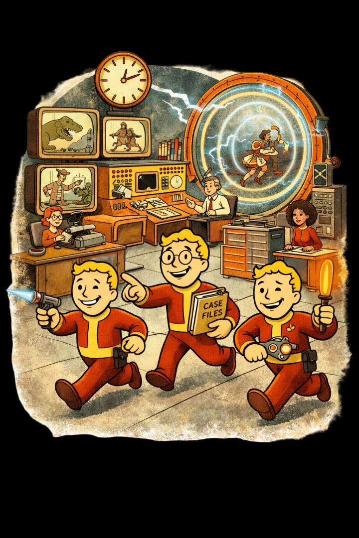 Retro Time Travel T Shirt | Vintage 50s Cartoon Sci Fi Graphic Tee | Time Bureau Style Black Shirt