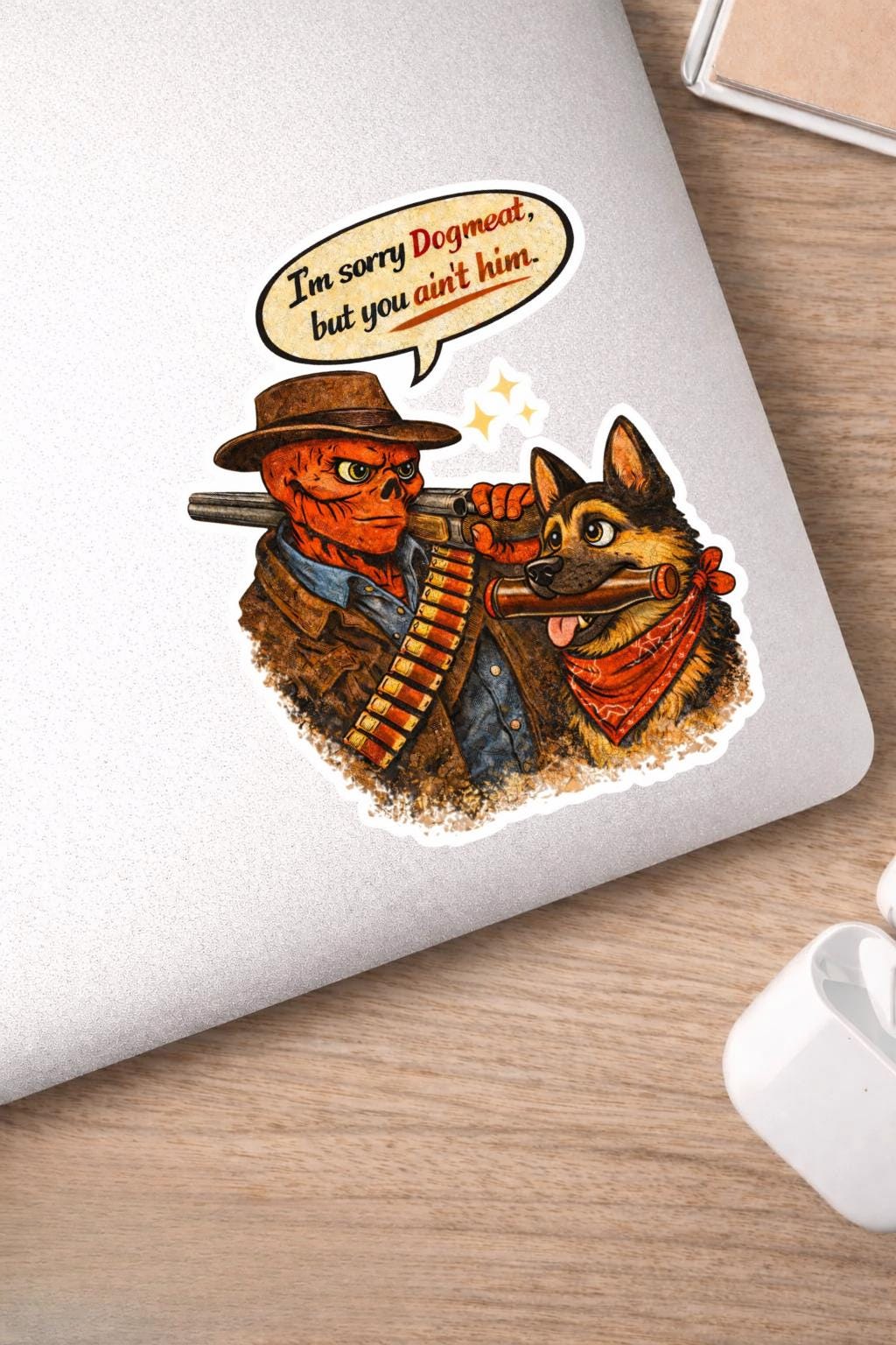 Retro Ghoul & Dogmeat Sticker – Post-Apocalyptic Cartoon Vinyl Sticker – Funny Wasteland Laptop Decal