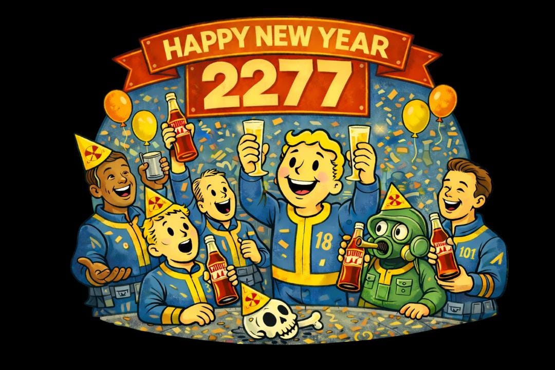 Happy New Year 2277 T Shirt | Retro Sci Fi Cartoon Tee | Vintage 50s Style Post Apocalyptic Shirt