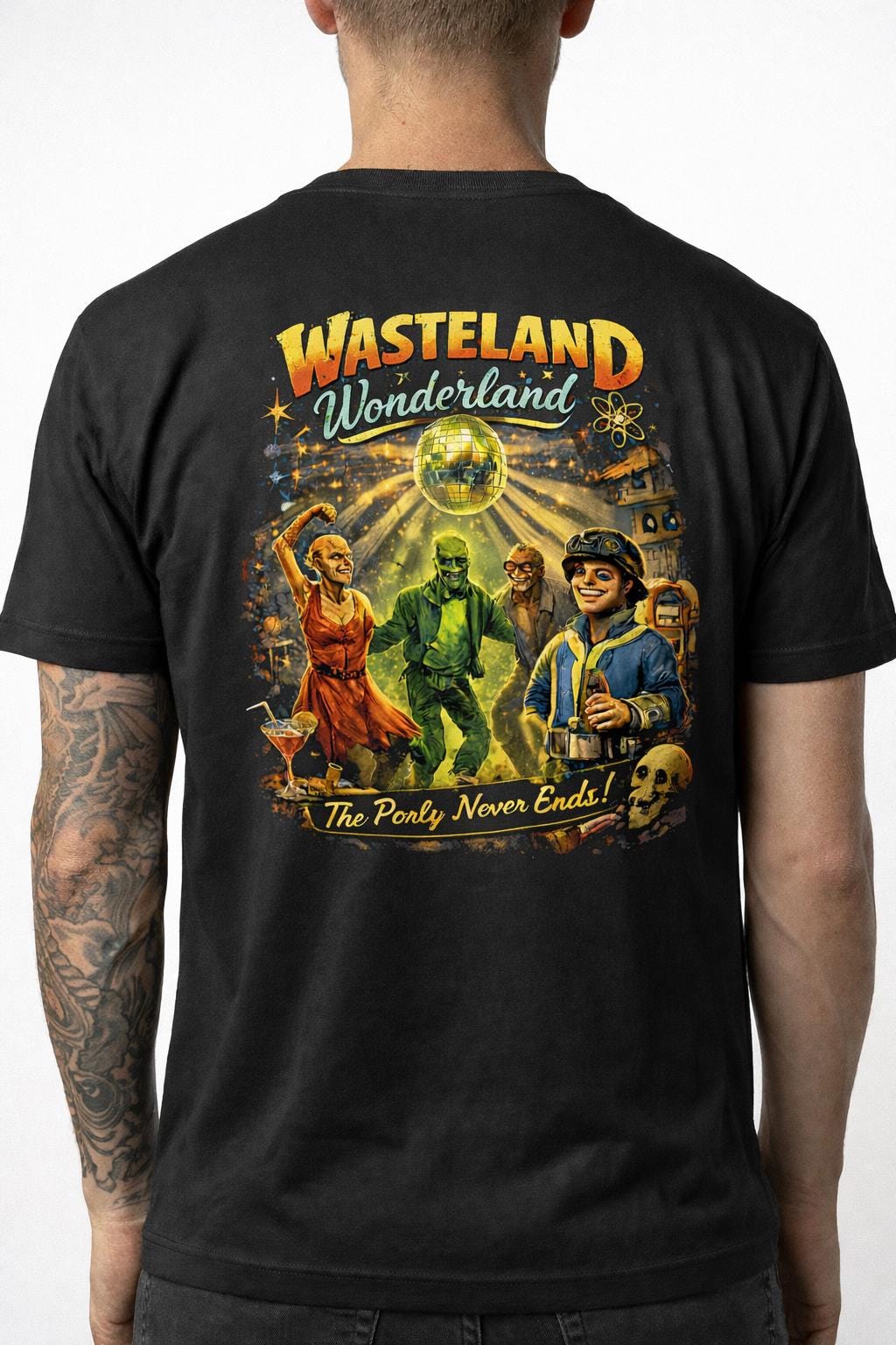 Wasteland Wonderland T-Shirt | Retro Apocalypse Party Shirt | Back Print Graphic Tee | Fallout-Inspired Streetwear