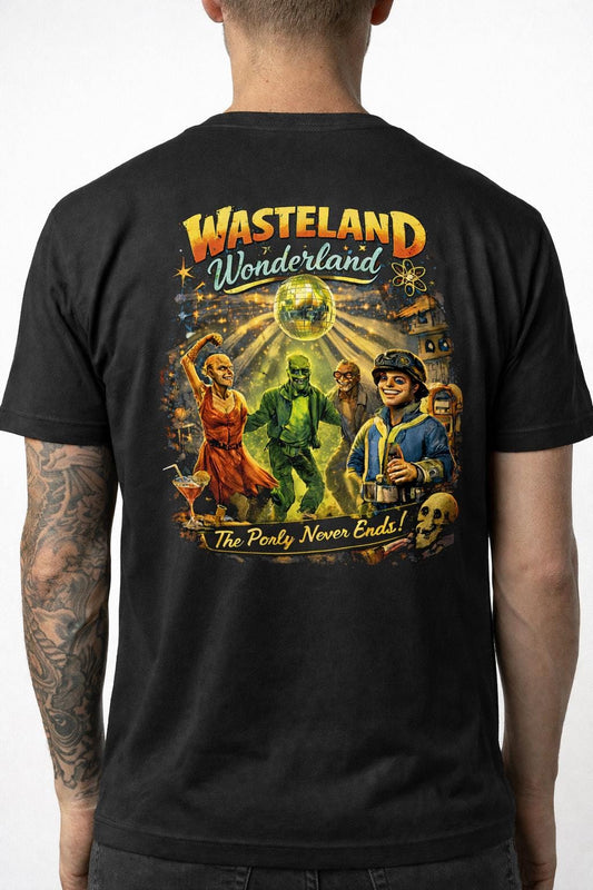 Wasteland Wonderland T-Shirt | Retro Apocalypse Party Shirt | Back Print Graphic Tee | Fallout-Inspired Streetwear