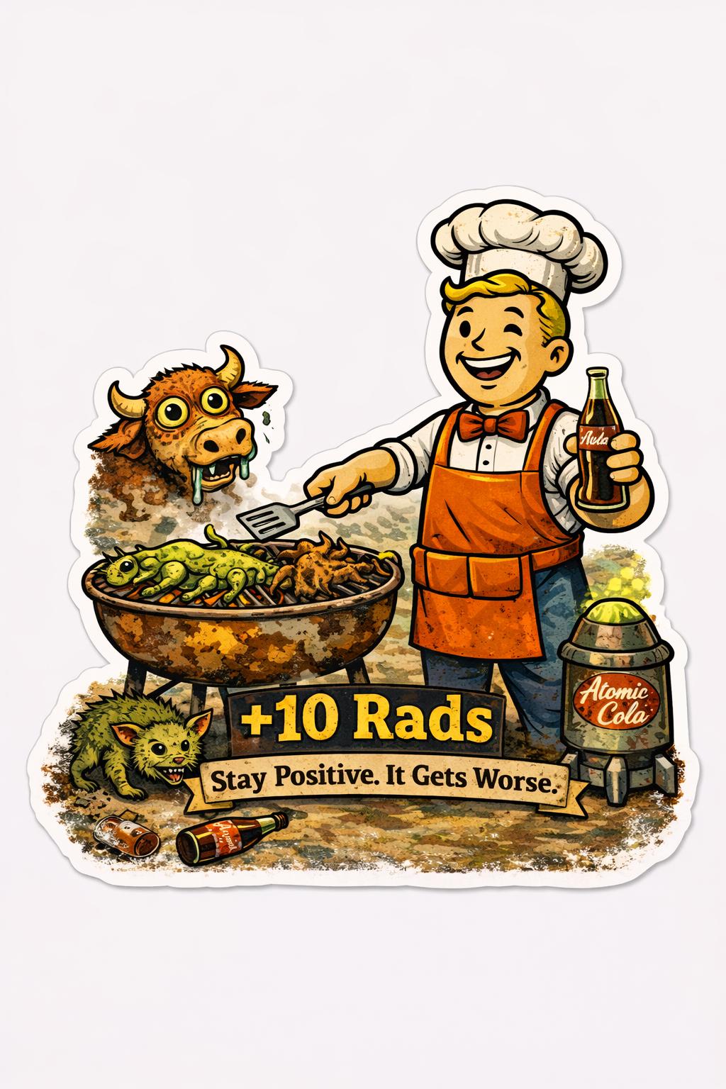 Funny Post Apocalyptic Sticker | Retro Nuclear BBQ Vinyl Sticker | Dark Humor Gamer Sticker | Laptop Sticker | +10 Rads Decal