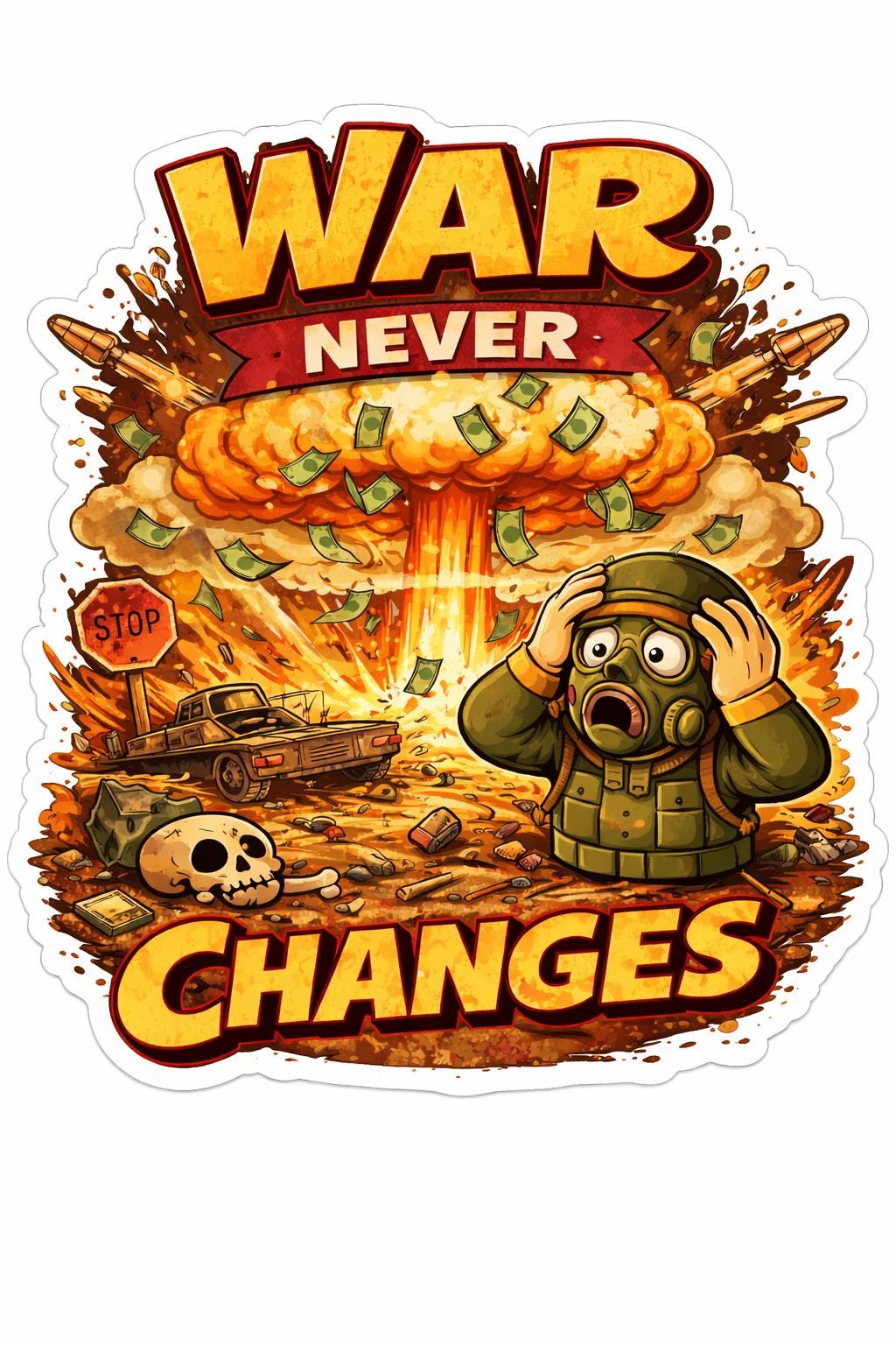 War Never Changes Sticker – Retro Atomic Explosion Vinyl Sticker – Vintage 50s Cartoon Style – Dark Humour Laptop Decal