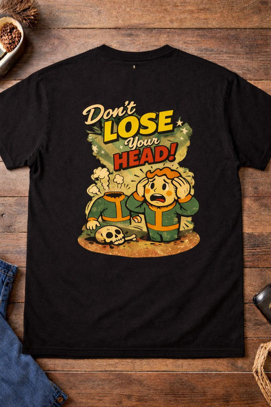 Retro 50s Atomic Cartoon T Shirt – Don’t Lose Your Head – Vintage Safety Poster Style Graphic Tee – Dark Humour Shirt