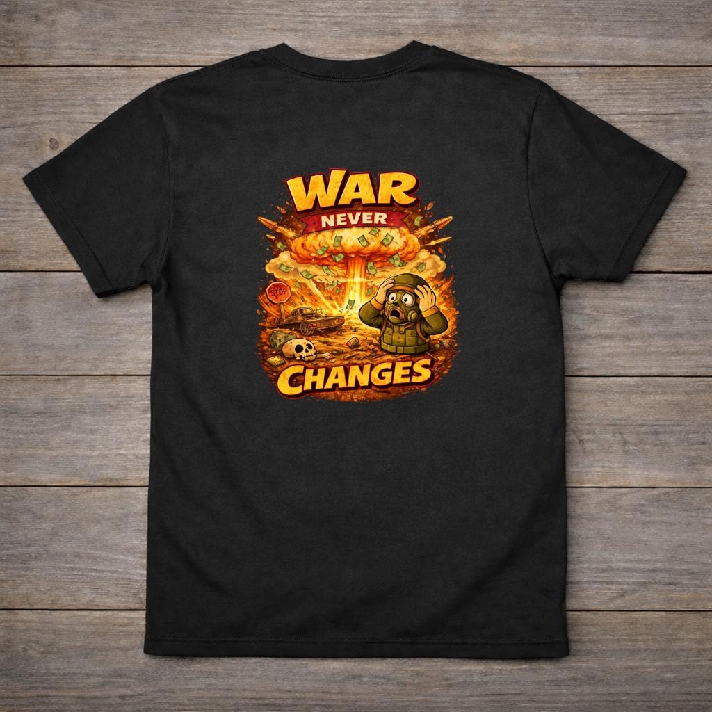 War Never Changes T Shirt – Retro Atomic Explosion Graphic Tee – 50s Cartoon Style – Dark Humour Print Shirt