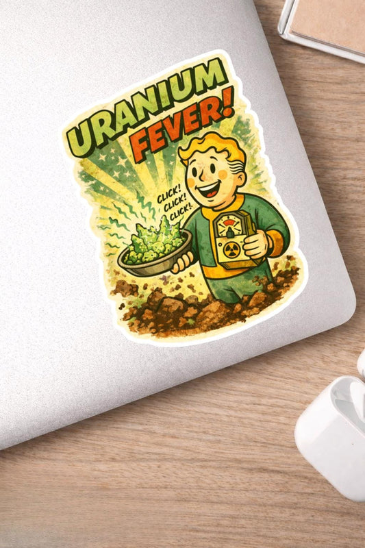Uranium Fever Retro Sticker | 50s Atomic Cartoon Vinyl Sticker | Fallout-Inspired Nuclear Humor Decal | Laptop, Water Bottle, Gamer Sticker