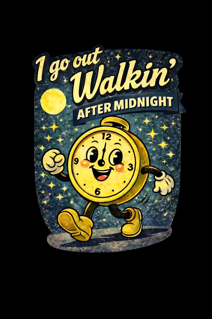 I Go Out Walkin After Midnight T Shirt | Retro Clock Cartoon Tee | Vintage 50s Style Black Graphic Shirt