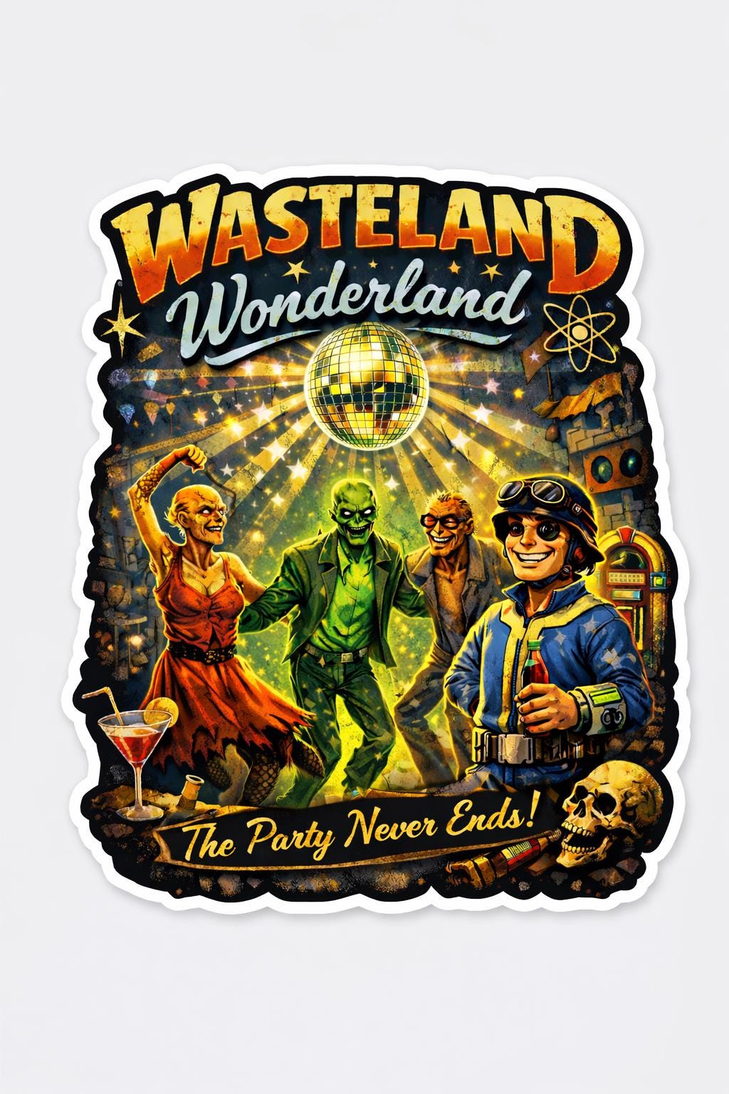 Wasteland Wonderland Vinyl Sticker | Retro Apocalypse Party Sticker | Laptop, Water Bottle, Gamer Sticker | Fallout-Inspired Art