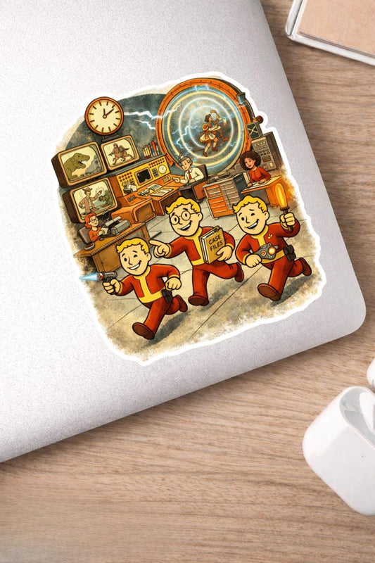 Retro Time Bureau Sticker | 50s Cartoon Time Travel Vinyl Sticker | Atomic Office Humor Decal | Laptop Sticker