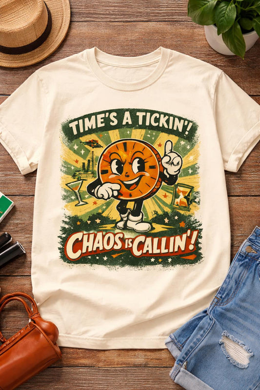 Retro Cartoon Clock T-Shirt | Funny Vintage Time Shirt | 1950s Atomic Age Graphic Tee | Chaos Is Callin’ | Unisex Shirt