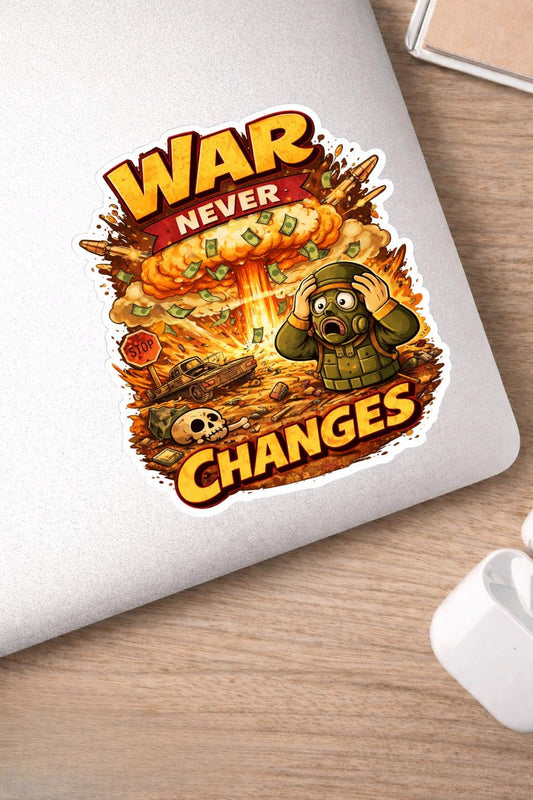War Never Changes Sticker – Retro Atomic Explosion Vinyl Sticker – Vintage 50s Cartoon Style – Dark Humour Laptop Decal