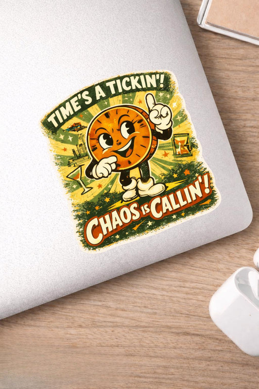 Retro Cartoon Clock Sticker | Funny Vintage Time Sticker | Atomic Age Vinyl Decal | Chaos Is Callin’ | Laptop Sticker