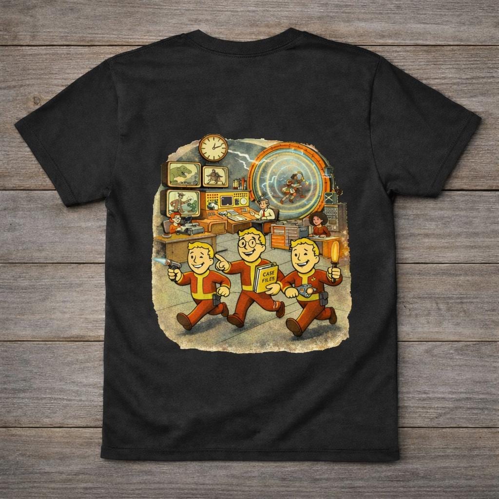 Retro Time Travel T Shirt | Vintage 50s Cartoon Sci Fi Graphic Tee | Time Bureau Style Black Shirt