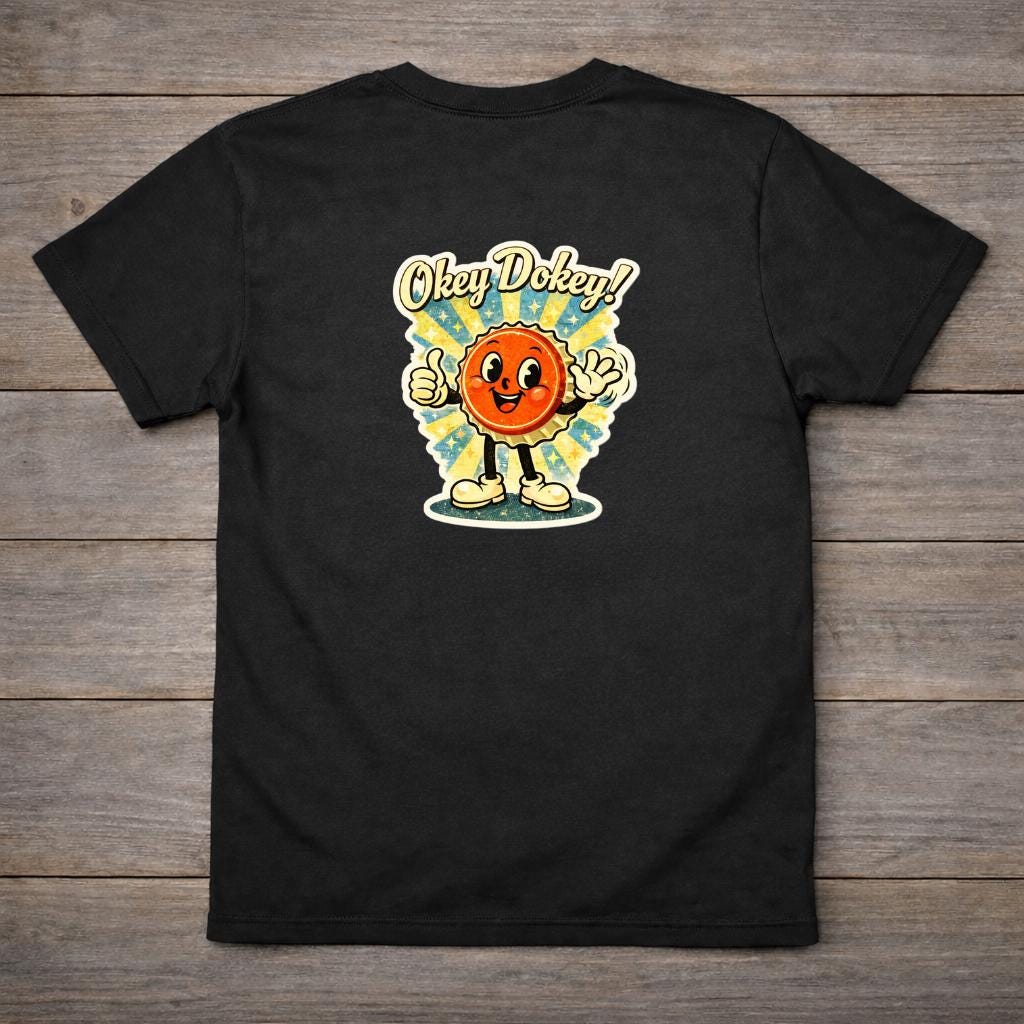 Okey Dokey! Retro Bottle Cap T-Shirt | Vintage 50s Cartoon Graphic Tee