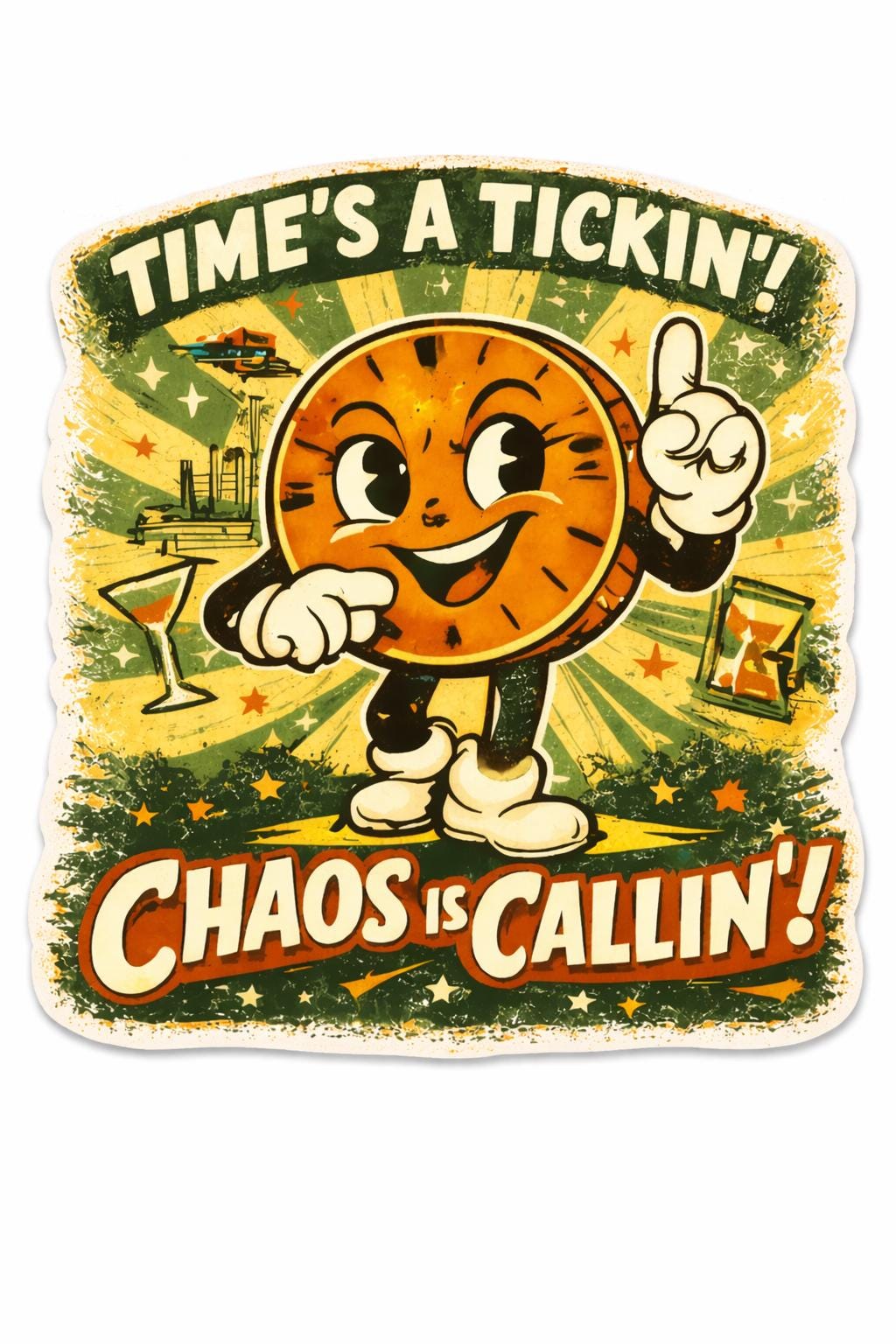 Retro Cartoon Clock Sticker | Funny Vintage Time Sticker | Atomic Age Vinyl Decal | Chaos Is Callin’ | Laptop Sticker