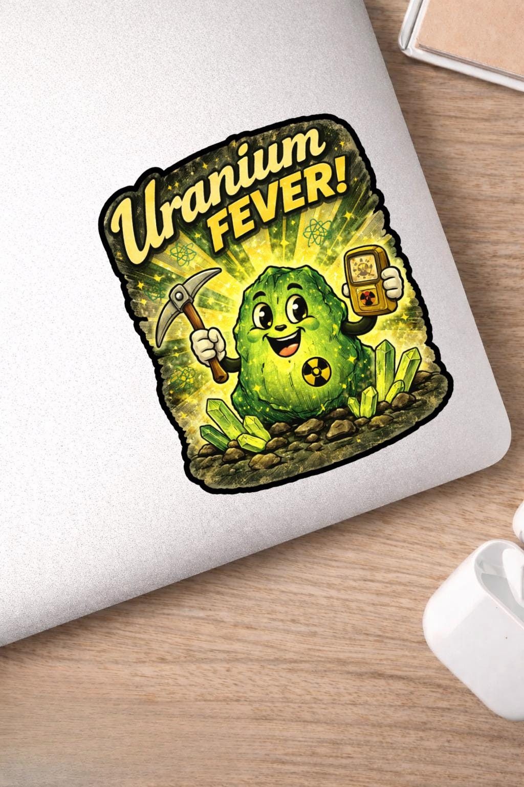 Uranium Fever Sticker | Retro Atomic Cartoon Vinyl Sticker | Nuclear Humor Laptop Sticker | Fallout-Inspired Decal