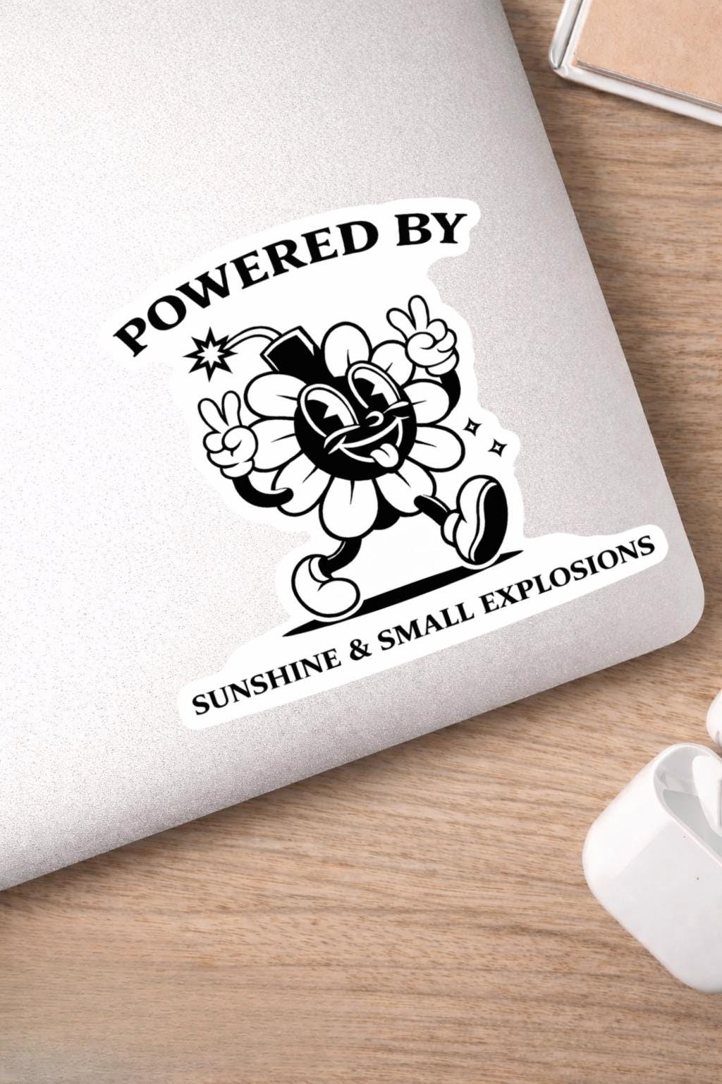 Powered by Sunshine & Small Explosions Sticker | Retro Atomic Flower Vinyl Sticker | Funny Laptop Sticker