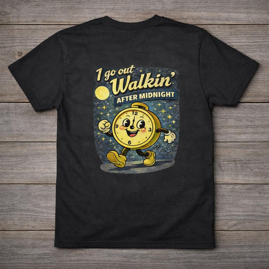 I Go Out Walkin After Midnight T Shirt | Retro Clock Cartoon Tee | Vintage 50s Style Black Graphic Shirt