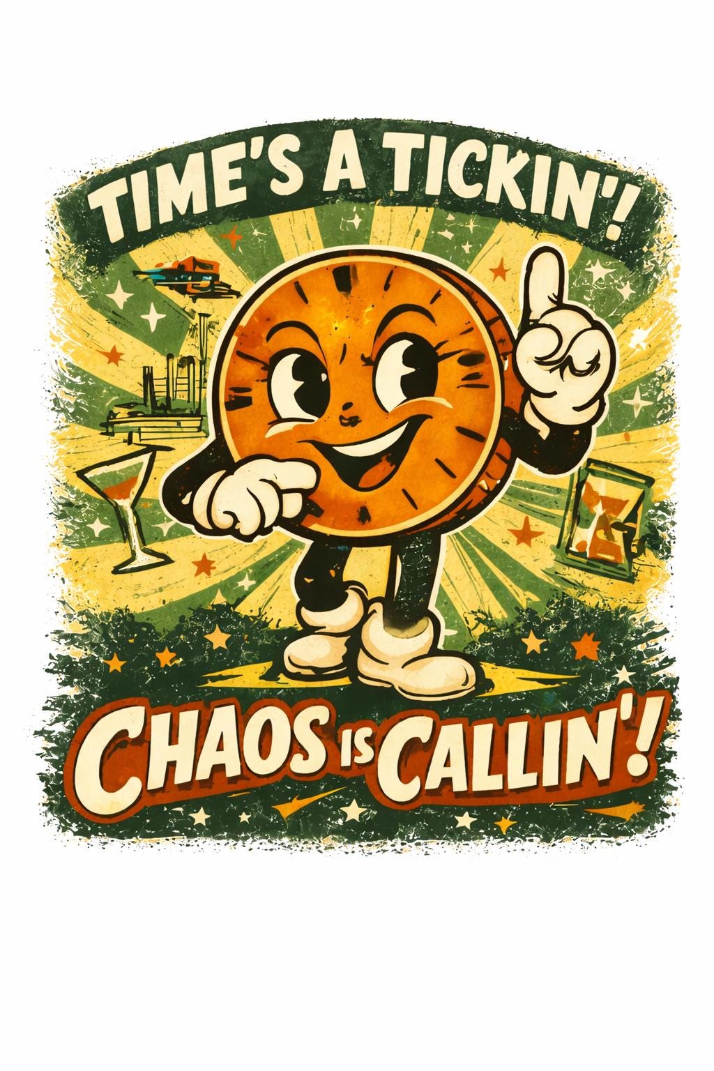 Retro Cartoon Clock T-Shirt | Funny Vintage Time Shirt | 1950s Atomic Age Graphic Tee | Chaos Is Callin’ | Unisex Shirt