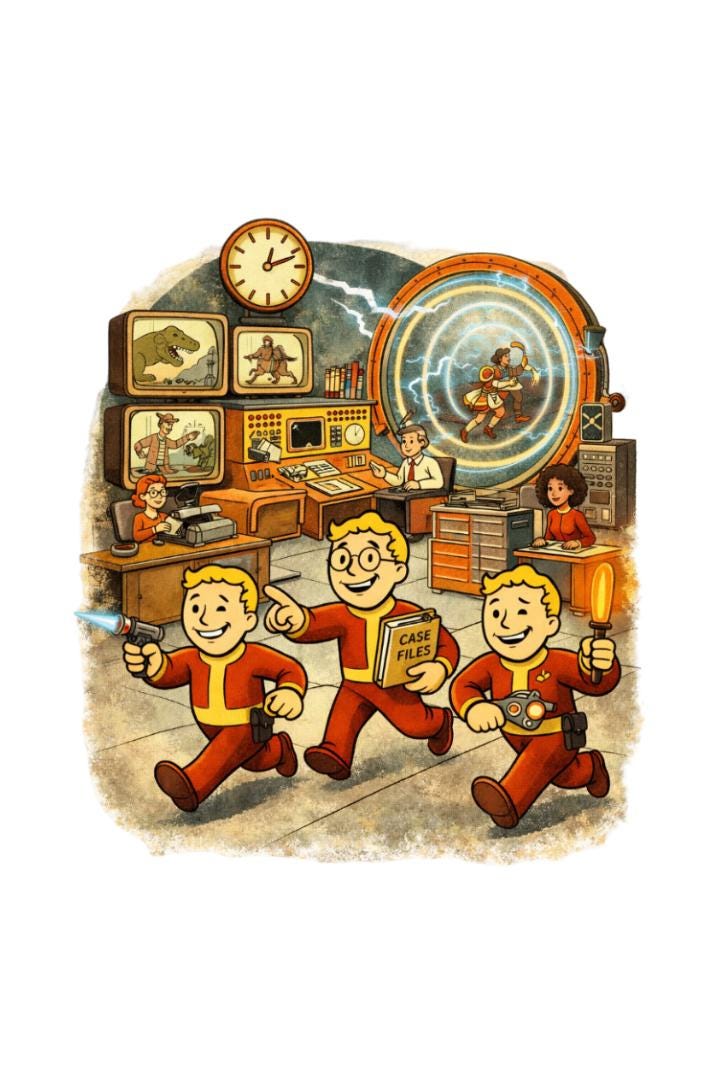 Retro Time Patrol Sticker | 50s Sci-Fi Cartoon Vinyl Sticker | Atomic Age Time Travel Art | Laptop, Gamer, Nerd Sticker