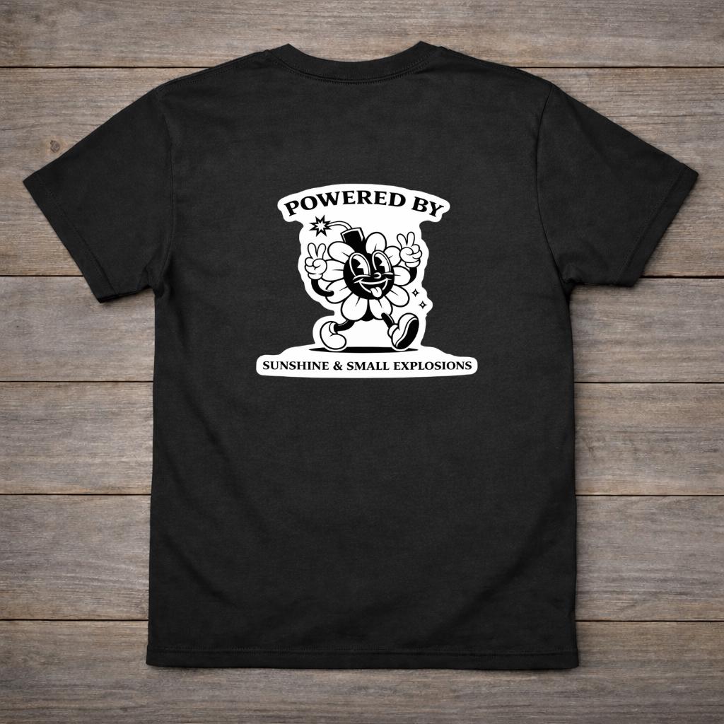 Powered by Sunshine & Small Explosions T-Shirt | Retro Atomic Flower Graphic Tee | Fallout Style Back Print Shirt