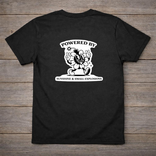 Powered by Sunshine & Small Explosions T-Shirt | Retro Atomic Flower Graphic Tee | Fallout Style Back Print Shirt
