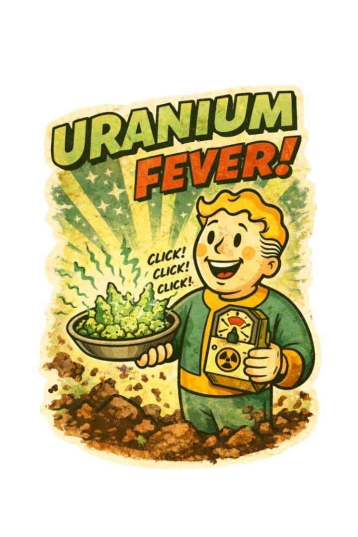 Uranium Fever Retro Sticker | 50s Atomic Cartoon Vinyl Sticker | Fallout-Inspired Nuclear Humor Decal | Laptop, Water Bottle, Gamer Sticker