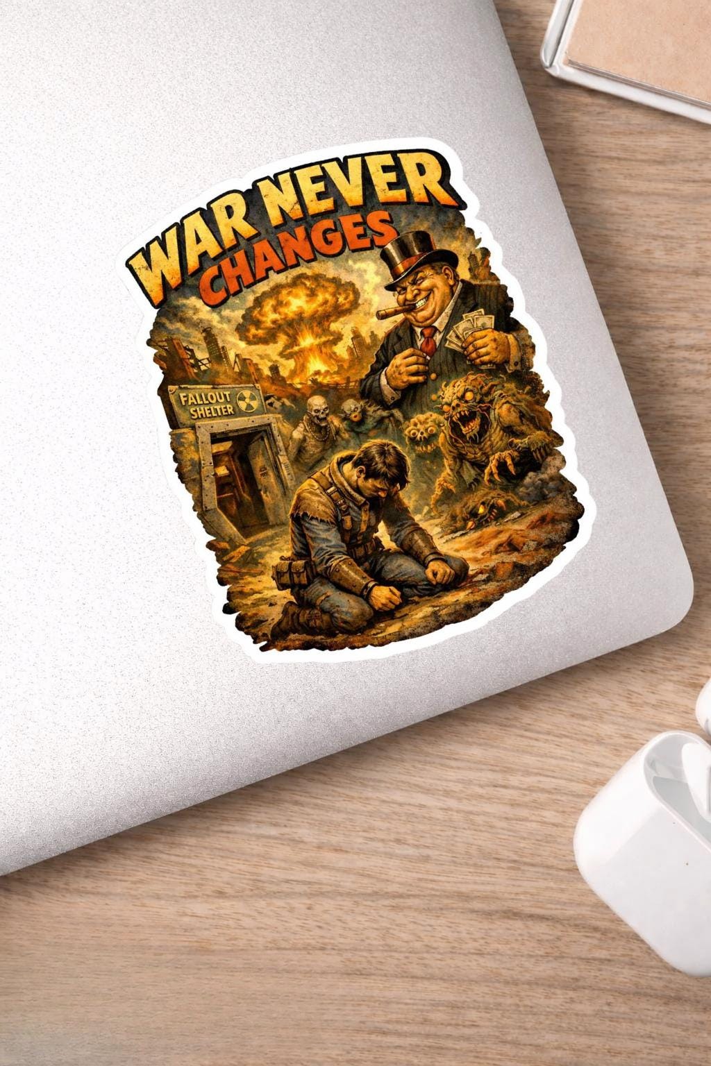War Never Changes Sticker | Retro Post-Apocalyptic Vinyl Sticker | Apocalypse Laptop Decal | 50s Atomic Art | Gamer Aesthetic Sticker