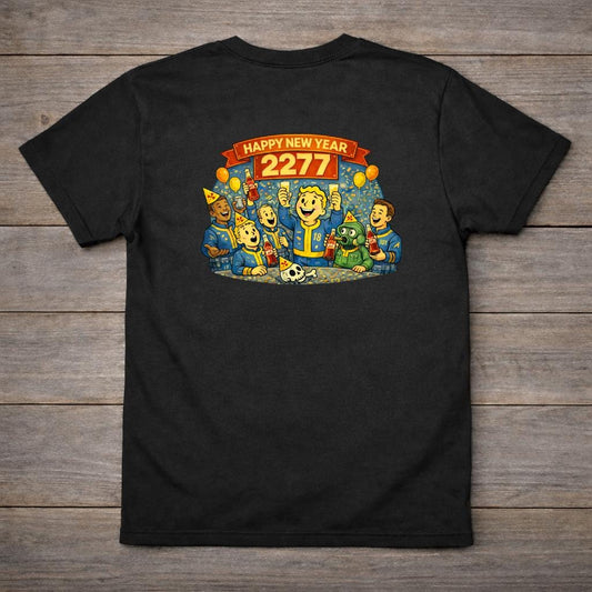 Happy New Year 2277 T Shirt | Retro Sci Fi Cartoon Tee | Vintage 50s Style Post Apocalyptic Shirt